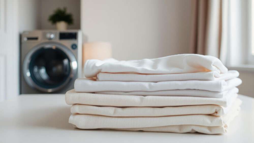 Folded white linens in a bright laundry room with a washing machine, showing the benefits of soft water from a properly sized water softener.