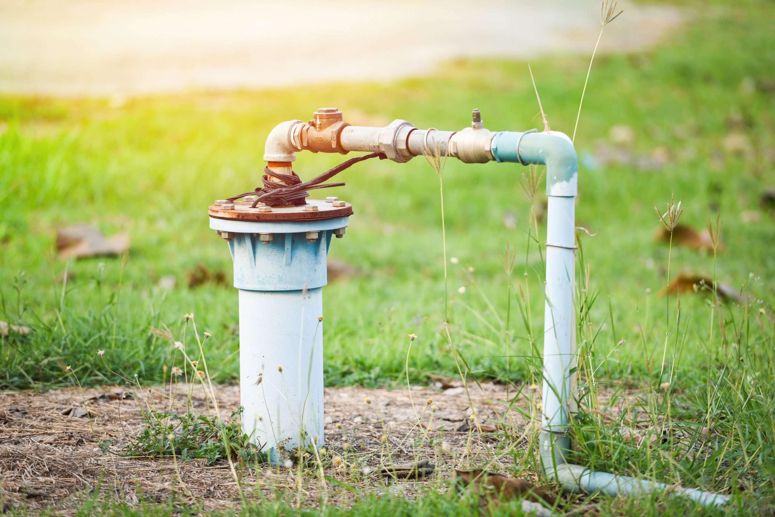 Private well head in a Tampa yard connected to a residential water line, illustrating the need for well water testing and filtration systems.