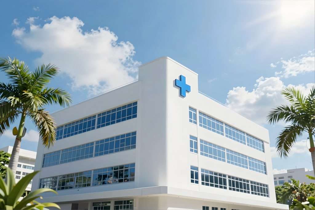A white building with a blue cross on it, indicating the building is a healthcare facility.