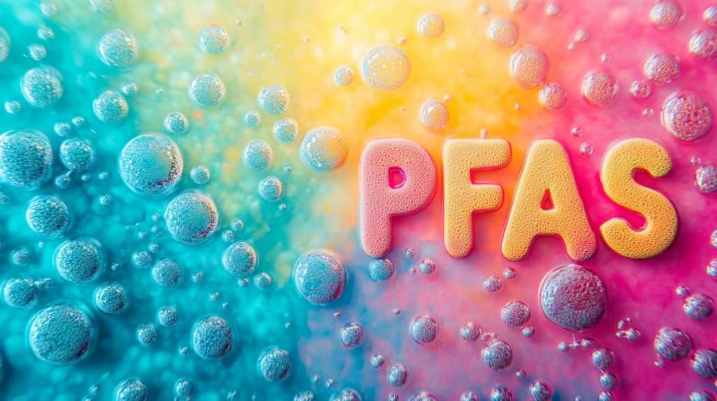 PFAS concept illustration with colorful water bubbles representing contamination in drinking water.