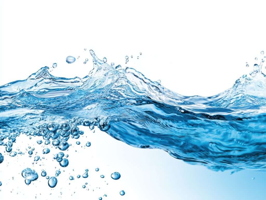 Water swirls and splashes against a bright background, forming bubbles and displaying a lively movement.