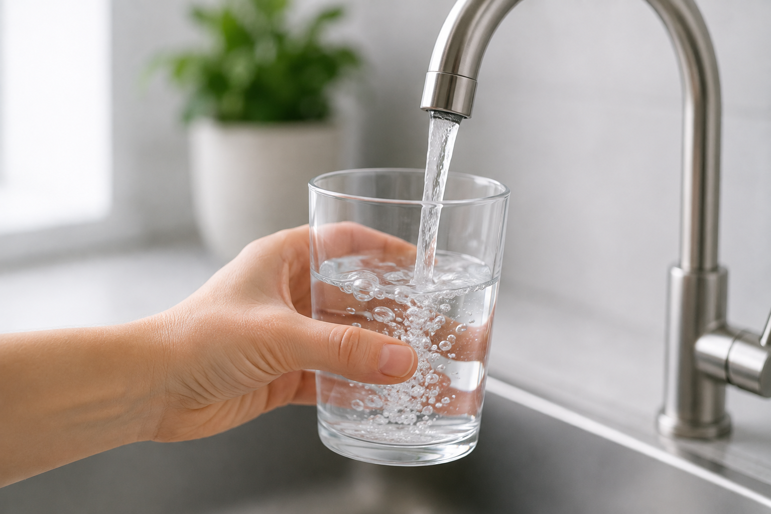 Hand filling a clear glass with tap water from a kitchen faucet.
