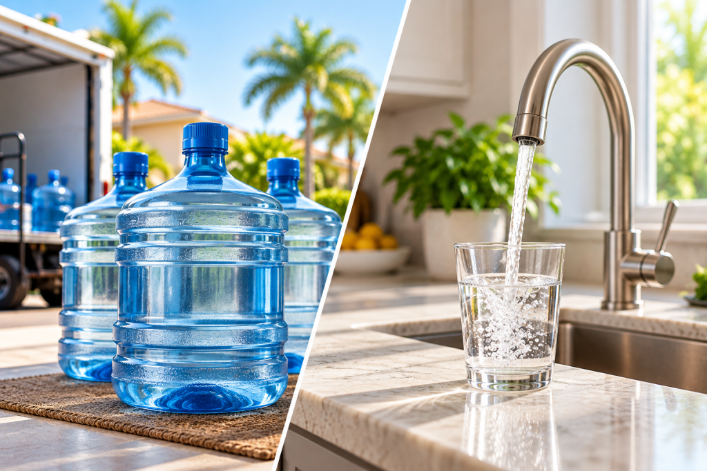 Side-by-side comparison of large bottled water delivery jugs and a kitchen faucet filling a glass with water, illustrating bottled water versus home filtration.